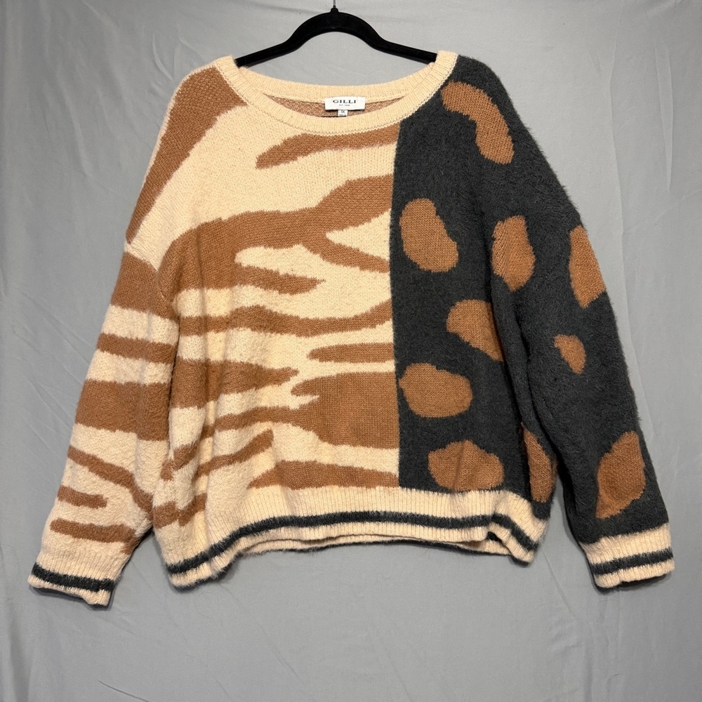 Gilli Womens Oversized Dual Animal Print Fuzzy Knit Sweater Size 1X Soft READ